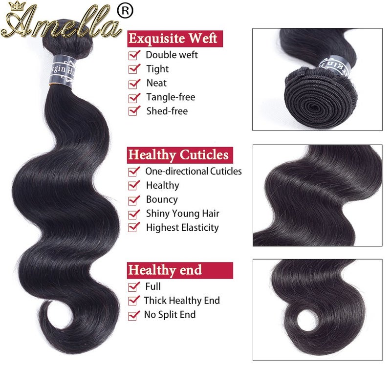 Amella Hair 8A Brazilian Body Wave with Lace Closure (12 14 16+10 Three part) 100% Unprocessed Virgin Brazilian Body Wave Human Hair Extensions with 4x4 Lace Closure Natural Color 315g in Total - Image 3